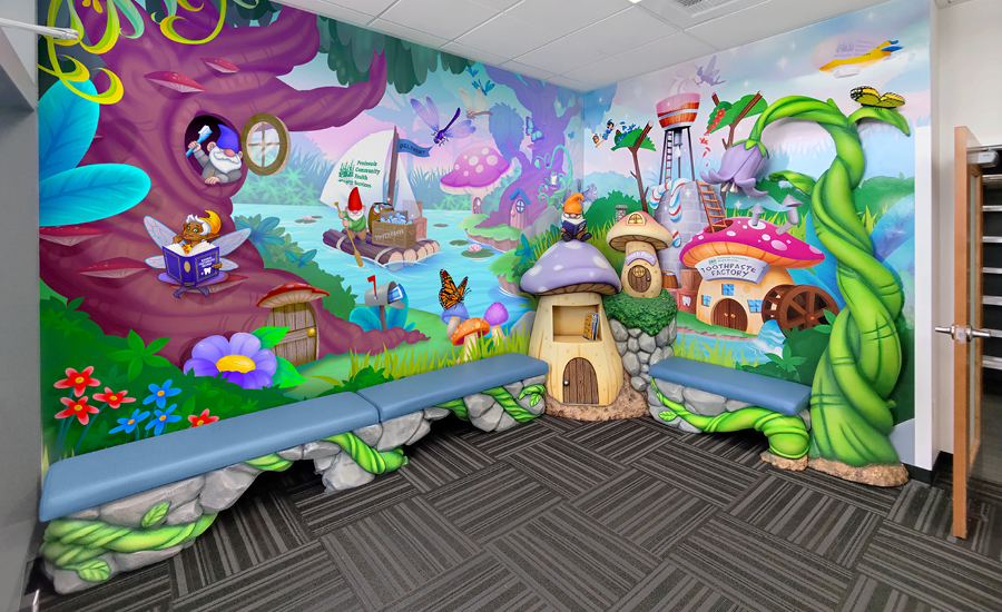 Magical forest themed wall mural, sculpted bean stock bench seating and corner toadstool book shelf with book reading gnome on top