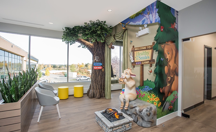 tent entrance paly area with tree and woodland creatures