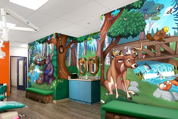 A colorful pediatric dental office with children's decor, walls painted with cartoon forest animals like a deer and bear. Green benches, a blue cabinet, and a cheerful, nature-inspired atmosphere complete the transformation.