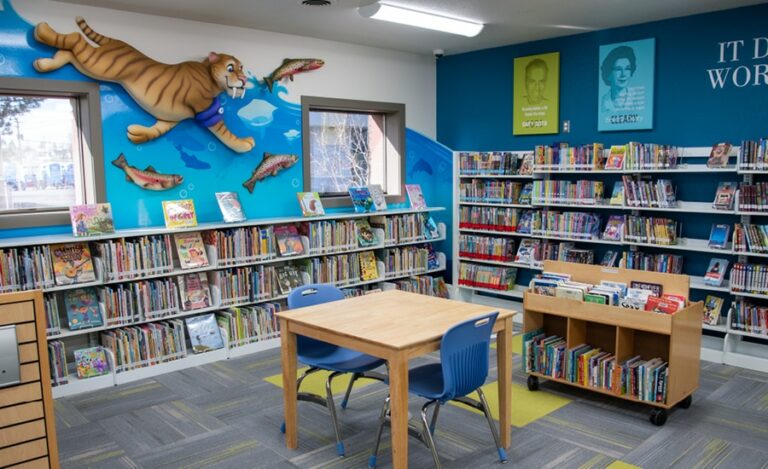 Library room prehistoric wall detail of 3D swimming saber-toothed tiger and fish