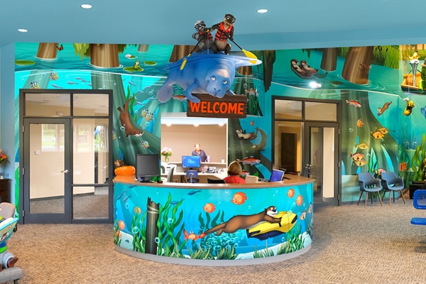 River themed reception desk.