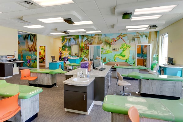 Bayou themed mural in a dental treatment bay.