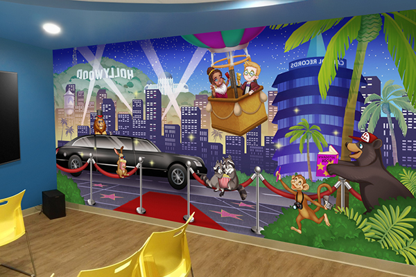 A colorful mural of cartoon animals arriving at a Hollywood premiere in a city at night, with a giraffe and monkey floating above in a hot air balloon while others walk the red carpet, surrounded by palm trees and dazzling Hollywood lights.