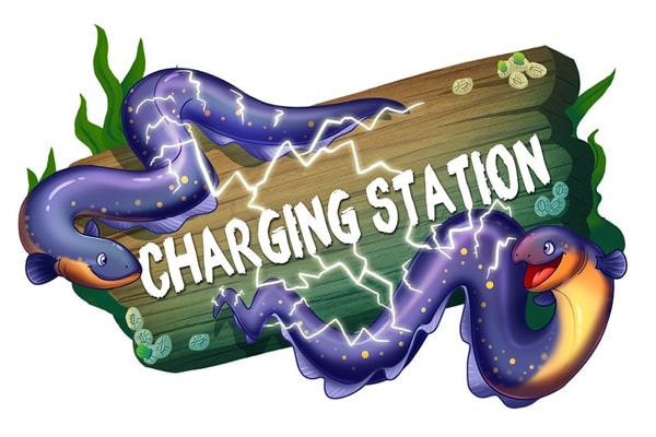 Cartoon of two electric eels sending sparks around a wooden sign that reads CHARGING STATION, perfect for children's decor or as playful wayfinding art in a pediatric dental clinic, with green plants and coins in the background.