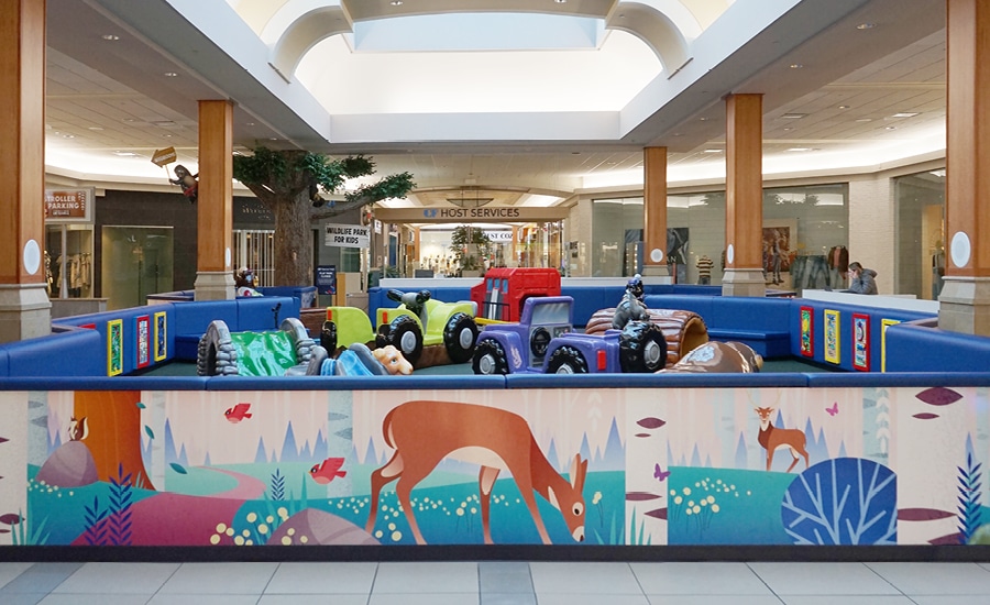 Contemporary style, woodland-themed wall murals with deer, birds and squirrels.