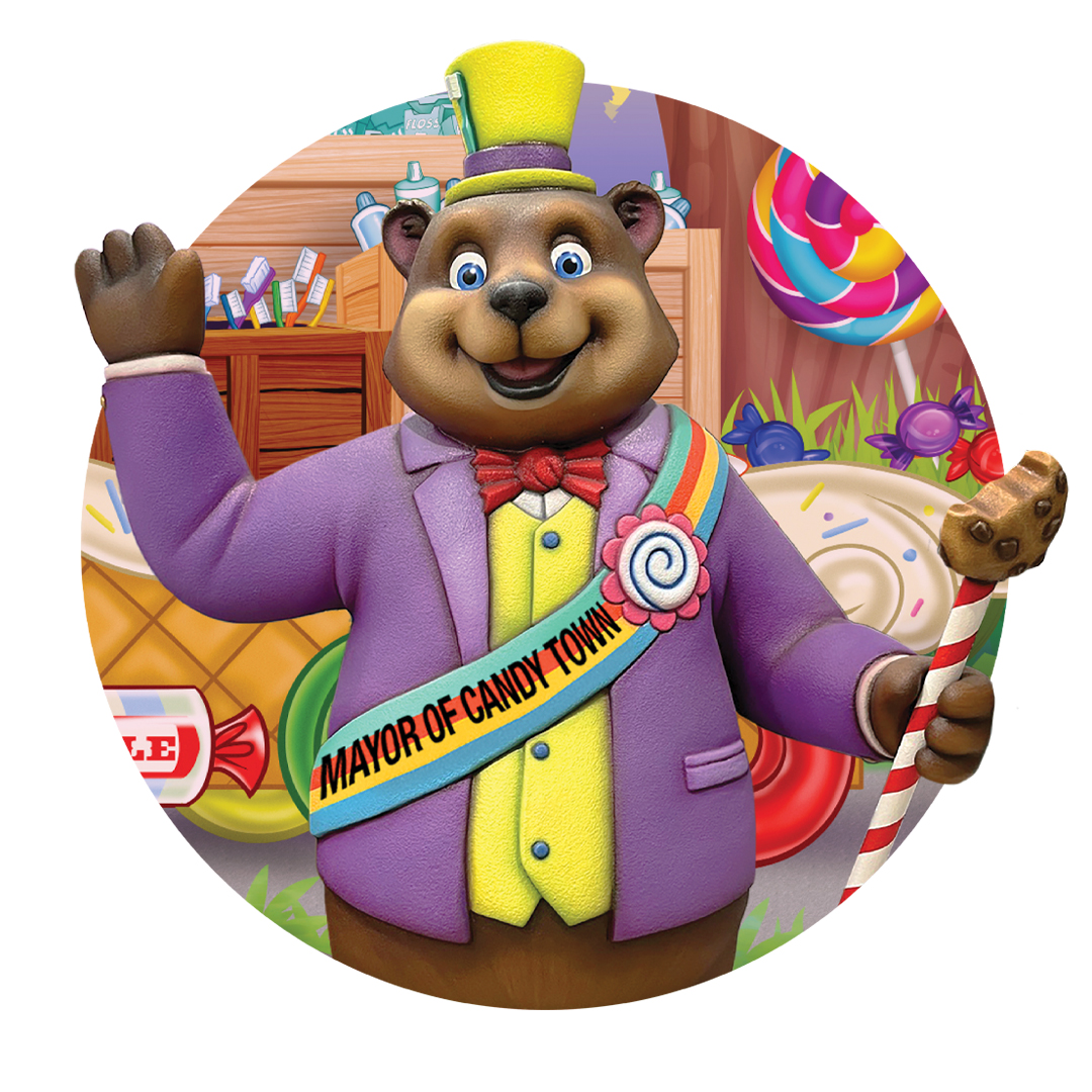 Candy themed sculpture of a bear town mayor