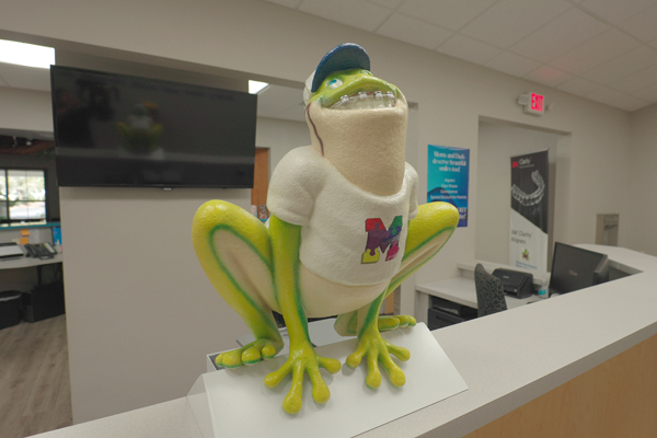 A large, colorful frog statue wearing a white t-shirt with an M and a blue cap greets visitors from the counter in a modern office or clinic reception area, inviting smiles and serving as a fun nod to an IDS testimonial.