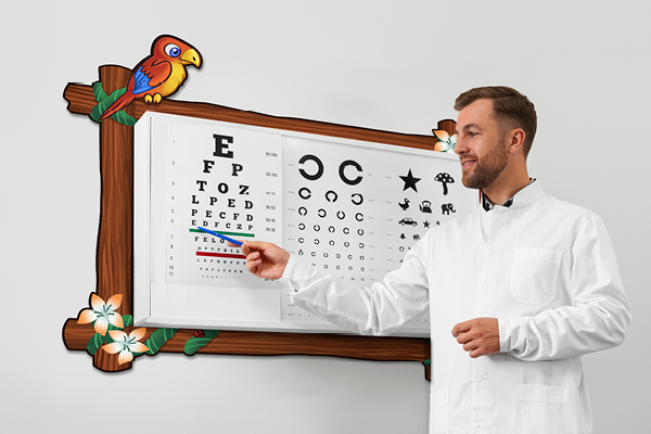 A framed eye chart with a tropical theme, bordered by wooden elements, vibrant flowers, and a colorful parrot perched on the corner.