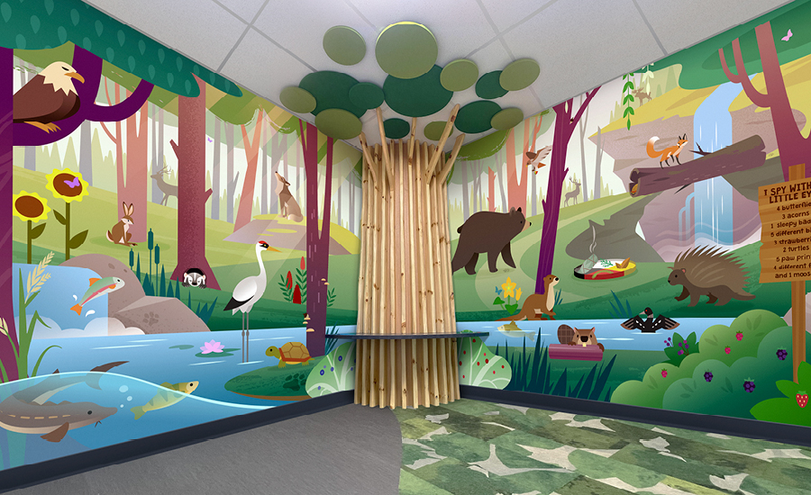 Colorful children's room with forest-themed murals, featuring animals like a bear, deer, fox, and birds, a river, trees, and a waterfall. A tree-shaped structure decorates a corner; the mural includes an indigenous medicine wheel.