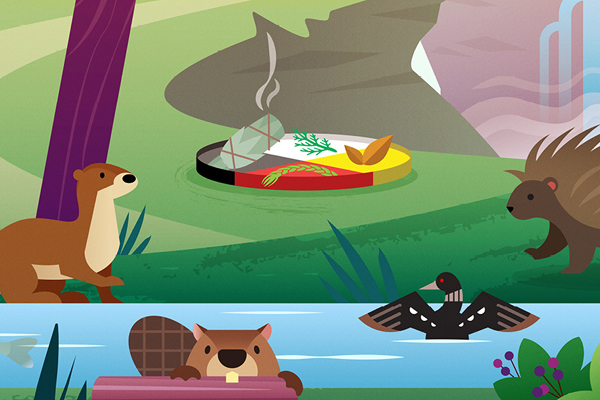 A colorful illustration, perfect as decor for children's hospital rooms, shows an otter, a porcupine, a loon on a pond, and a beaver by the water. A medicine wheel with sage, sweetgrass, and other healing herbs.