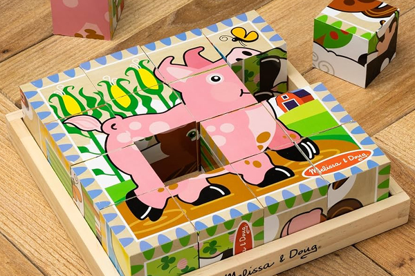 Waiting room toys and activities. A wooden puzzle features colorful blocks arranged to form a cartoon image of a pink pig standing on grass, with a butterfly and plants in the background. The puzzle sits on a wooden tray labeled Melissa & Doug.