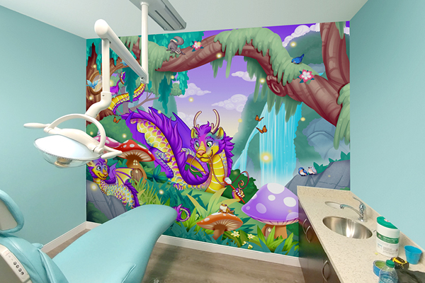 A childrens dental exam room with aqua walls and chair, featuring a colorful mural of a purple dragon, butterflies, mushrooms, and a waterfall in a whimsical forest setting.