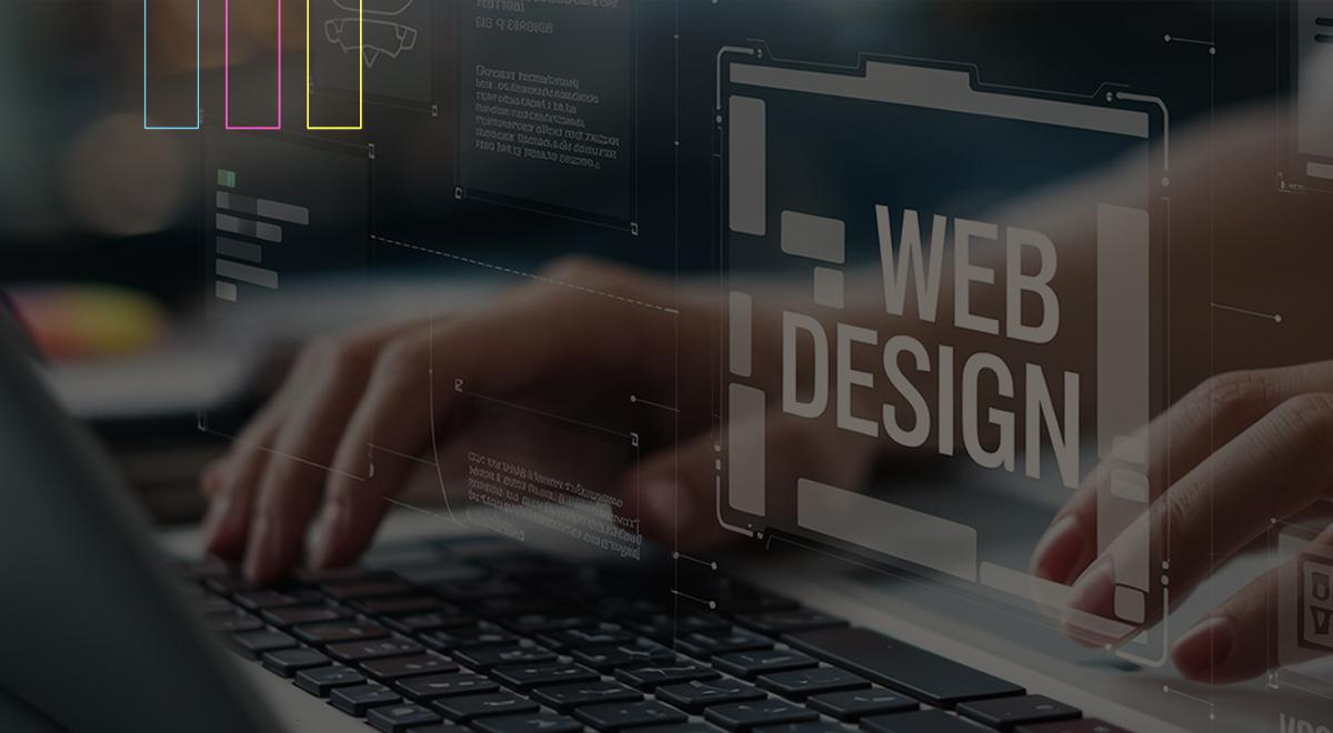 A person types on a laptop keyboard with a digital overlay displaying the words WEB DESIGN and graphical interface elements, symbolizing website development.