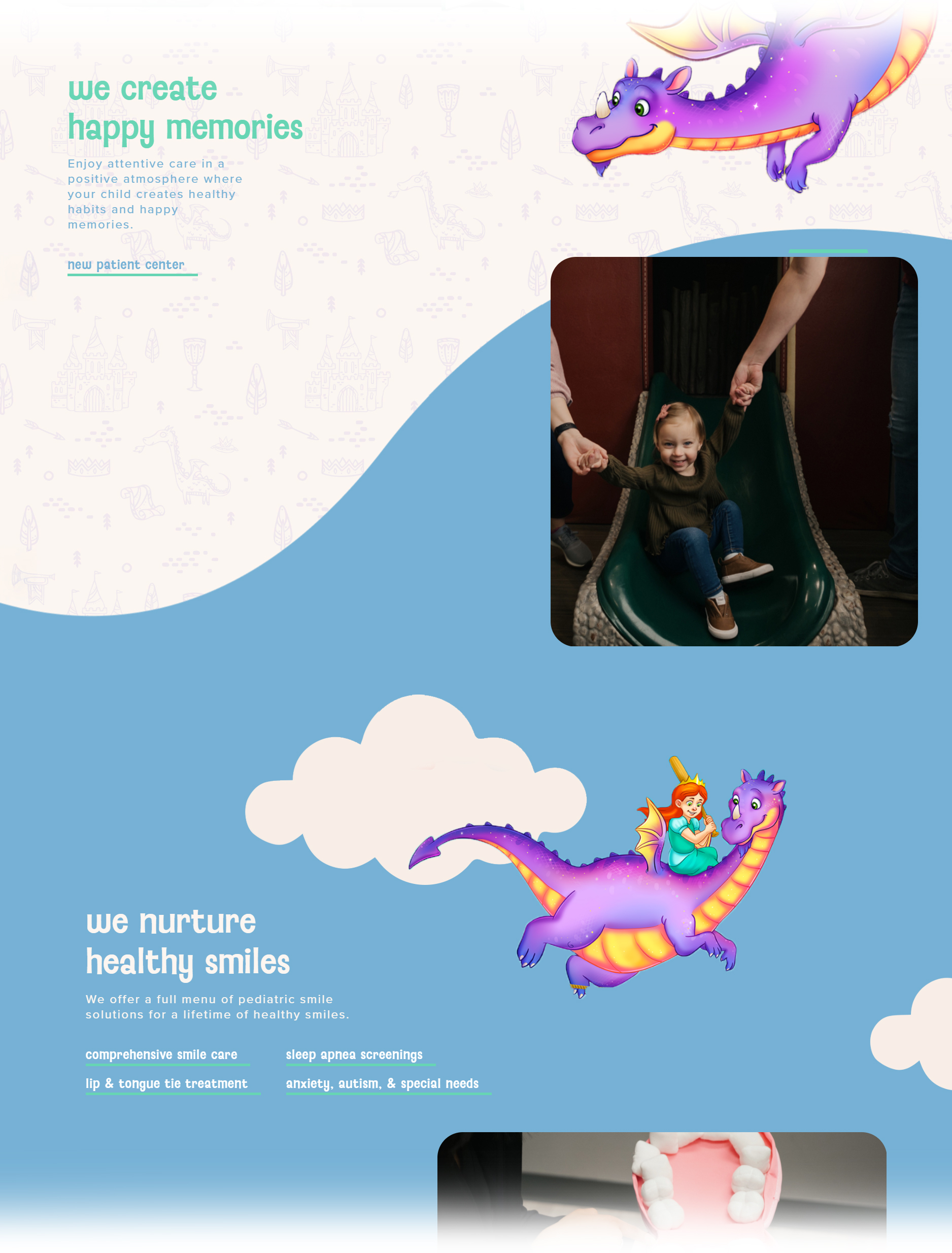 A child smiles while sliding down a slide, holding an adults hands. The background features playful illustrations of purple dragons, clouds, and a blue and white color scheme with text about pediatric dental care.