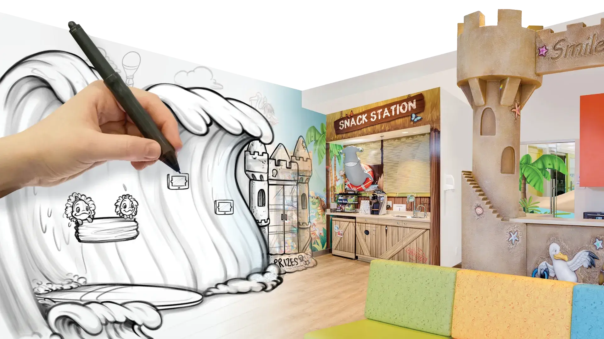 Custom pediatric clinic design from concept sketch to finished themed environment